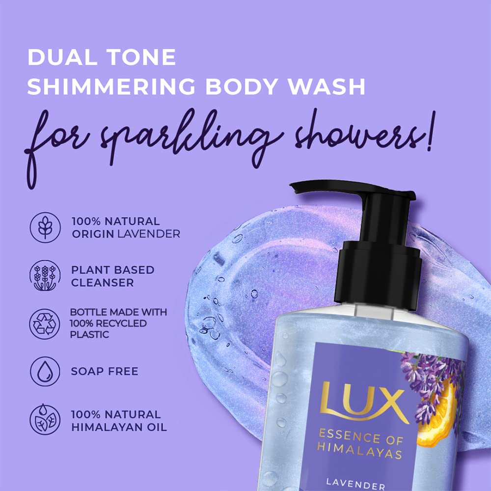 Lux body wash bottle with lavender design on a purple background