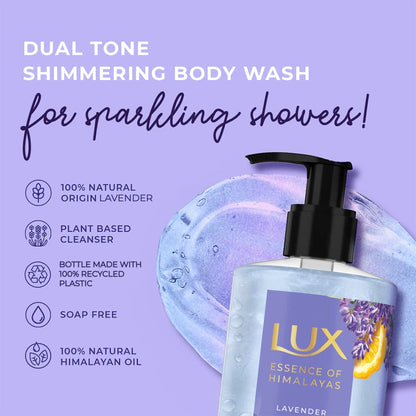 Lux body wash bottle with lavender design on a purple background