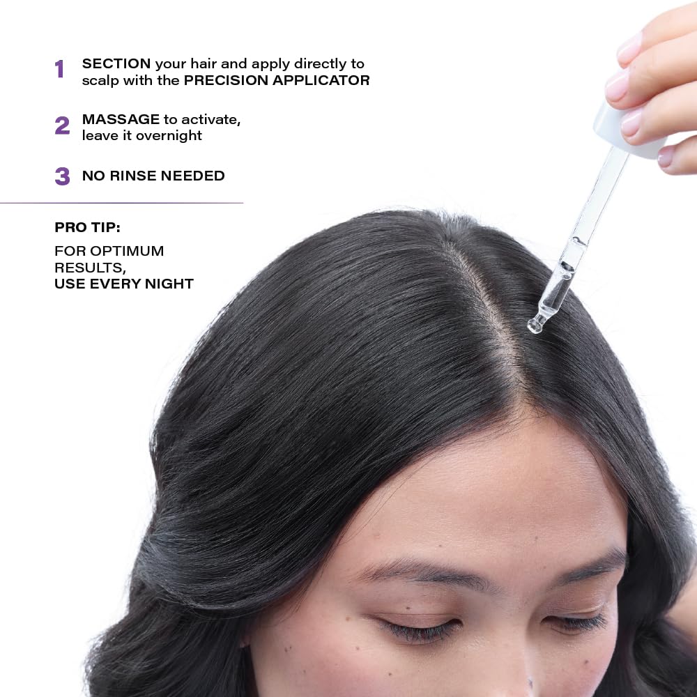 Person applying a hair treatment product to their scalp with text instructions on how to use it.