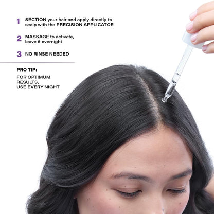Person applying a hair treatment product to their scalp with text instructions on how to use it.