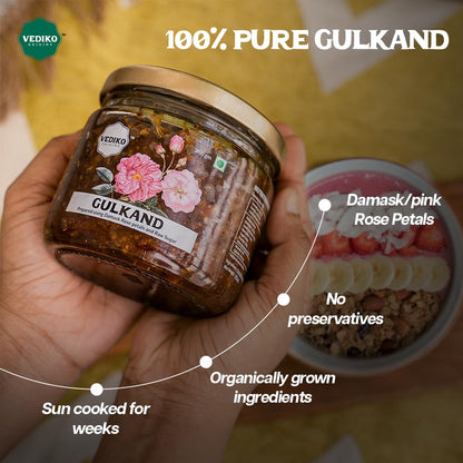 Vediko Origins Gulkand 350Gm|100% Sun-Cooked Pure Rose Petal Jam With No Artificial Flavors|Good For Gut Health|Sweetened With Raw Sugar (Mishri)|Improves Digestion|Natural Coolant|A Healthy Dessert
