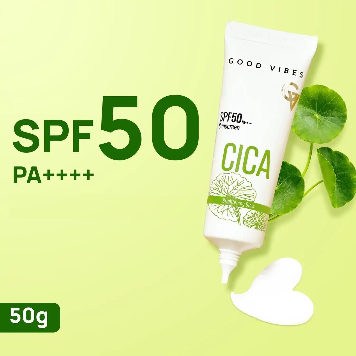 Good Vibes CICA Brightening Glow Sunscreen SPF 50 PA++++|Cica Extract, 3% Niacinamide, & Hyaluronic Acid|Brightening Sunscreen|Lightweight Aqua Gel|Non-Greasy|No White Cast|Fragrance-Free|Suitable for All Skin Types|Suitable for Oily Skin - 50 gm
