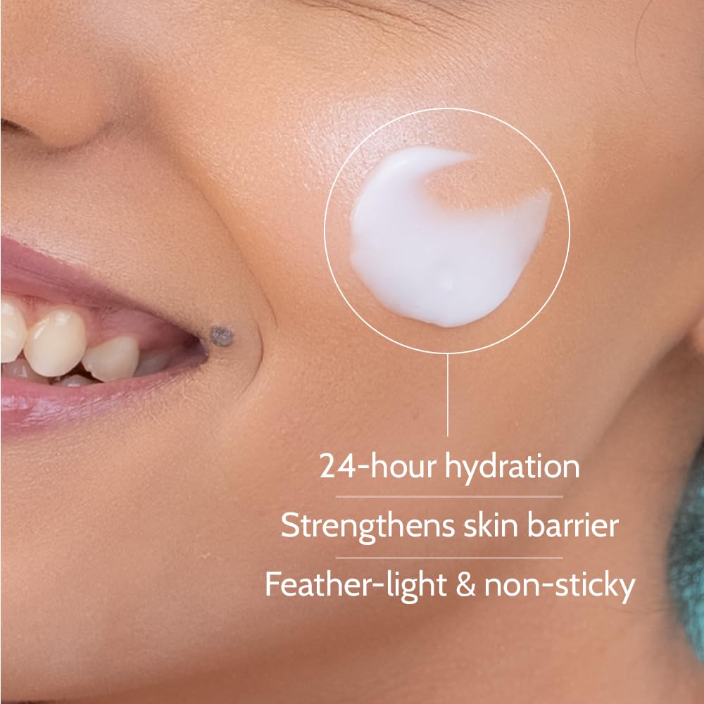 Close-up of a woman's face with a droplet of cream labeled '24-hour hydration' and text about skin benefits.