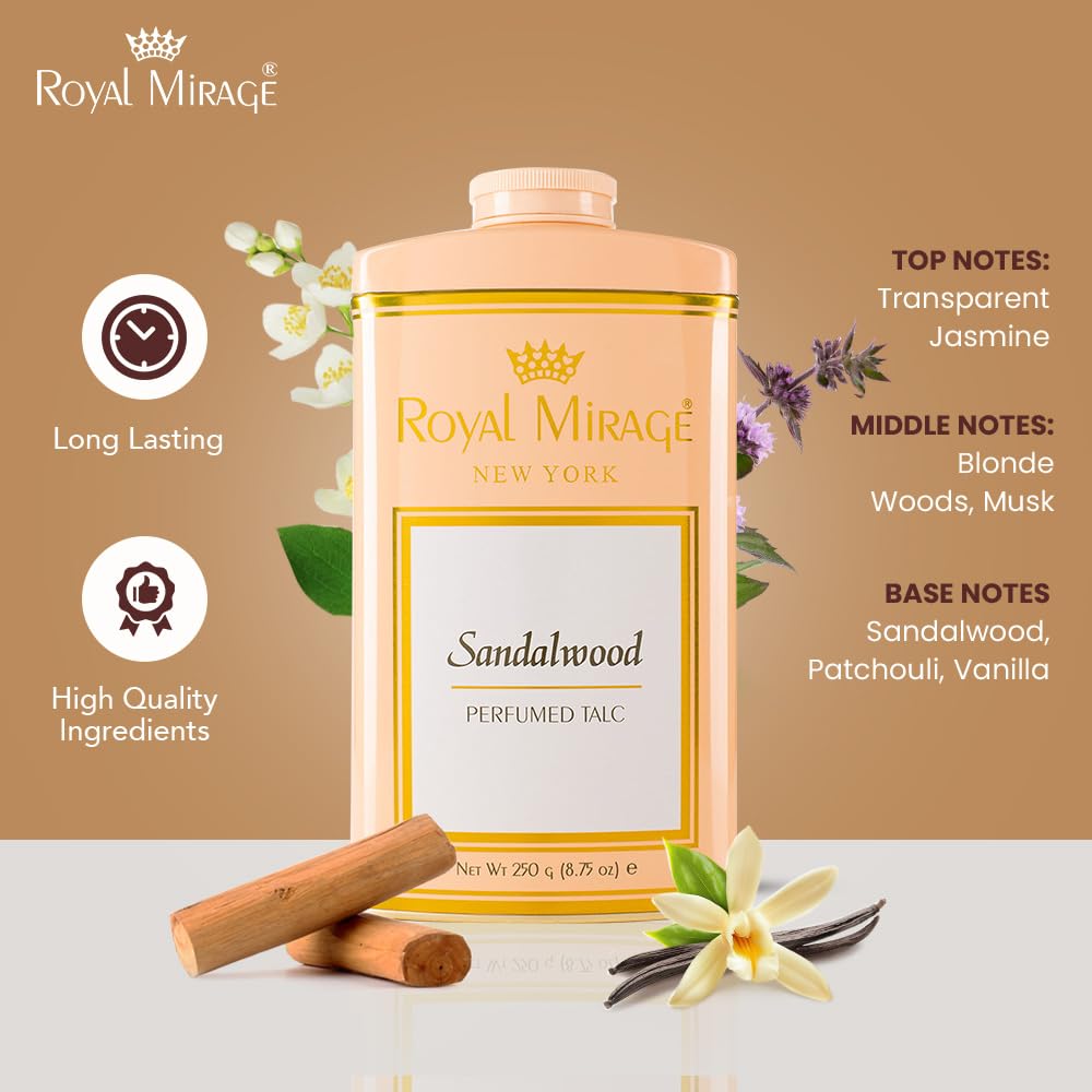 Royal Mirage Sandalwood Deodorizing Talc | Silky Soft & Fresh Skin | Jasmine, Sandalwood & Vanilla Notes | Perfumed Talc | Long-Lasting Comfort & Fragrance | Talcum Powder for Women | 250gm