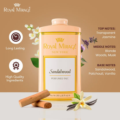 Royal Mirage Sandalwood Deodorizing Talc | Silky Soft & Fresh Skin | Jasmine, Sandalwood & Vanilla Notes | Perfumed Talc | Long-Lasting Comfort & Fragrance | Talcum Powder for Women | 250gm