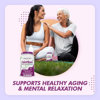 Two women sitting on grass with JointCure supplement bottles, text 'Supports Healthy Aging & Mental Relaxation' on a light purple background.