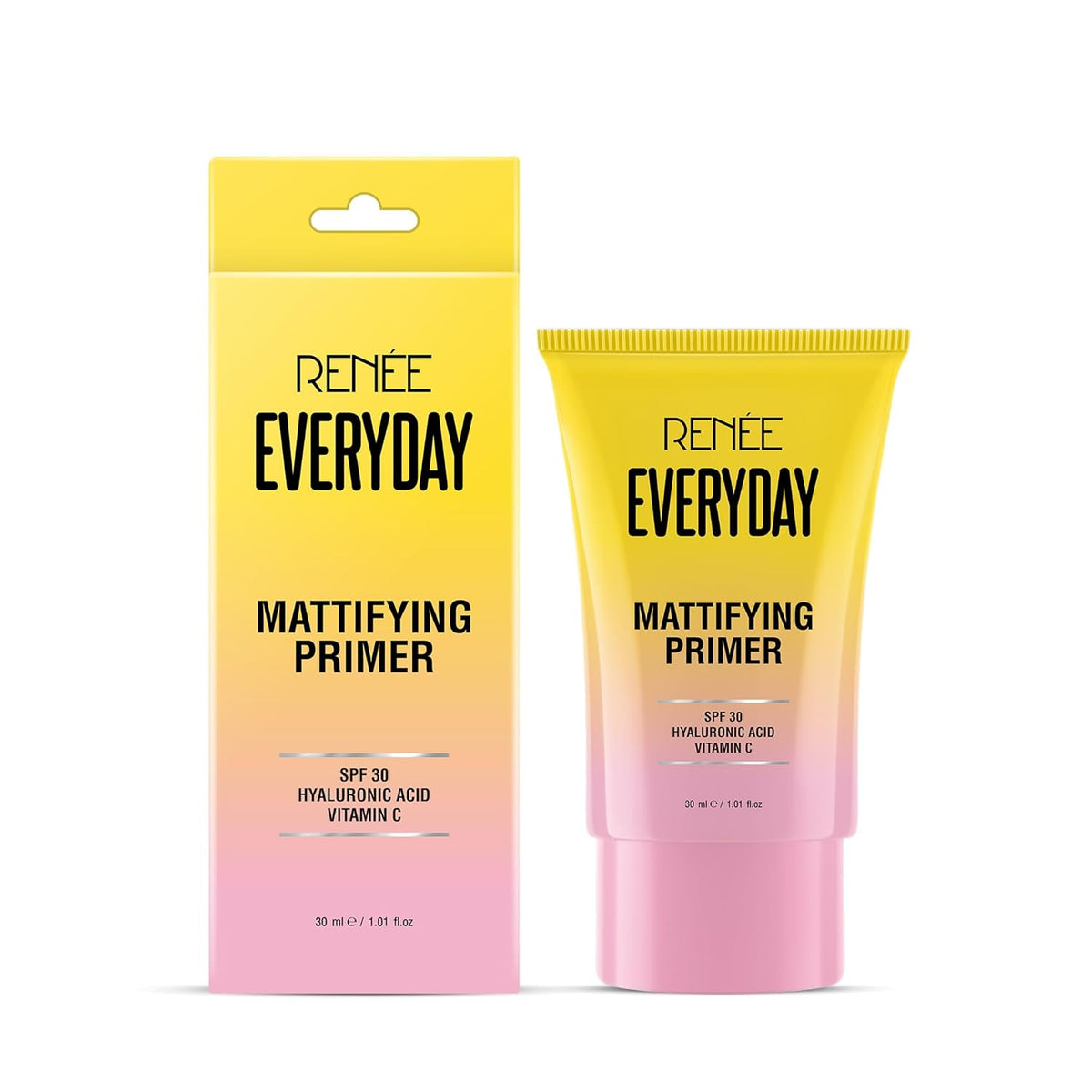 RENEE EVERYDAY Mattifying Primer packaging with gradient yellow to pink design on a white background