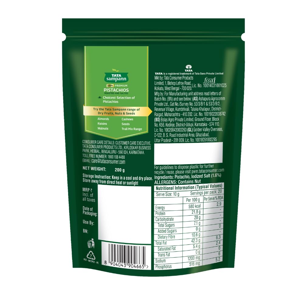 Tata Sampann Pistachios Roasted & Salted, Pista, 200g, Rich In Protein, Phosphorus, & Dietary Fibre, Premium Nuts & Dry Fruits, Crunchy & Delicious Healthy Snack