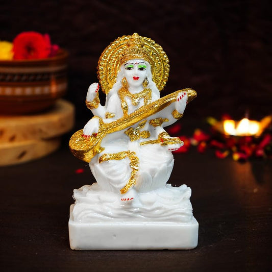 Aura Series Marble Dust Maa Saraswati Idol (5 inch) | Gold Plated Saraswati Maa Murti for Study Table, Pooja Room & Home Decor | Resin Saraswathi Devi Pital Idol | Saraswati Statue for Gifting