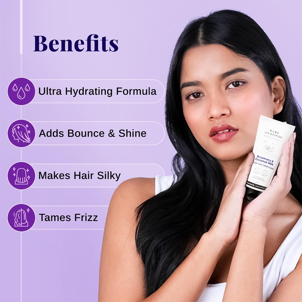 Woman holding a hair product with benefits listed on a purple background