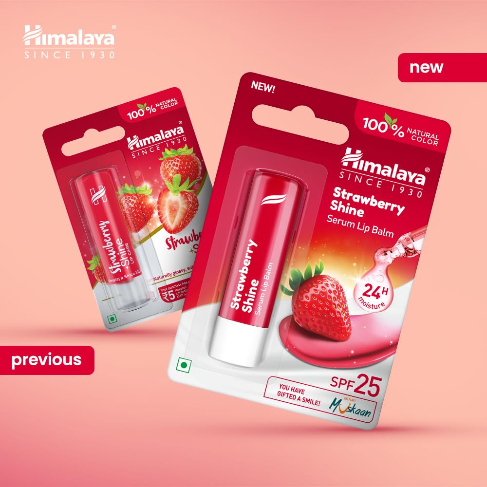 Himalaya Strawberry Shine Serum Lip Balm packaging on a pink background