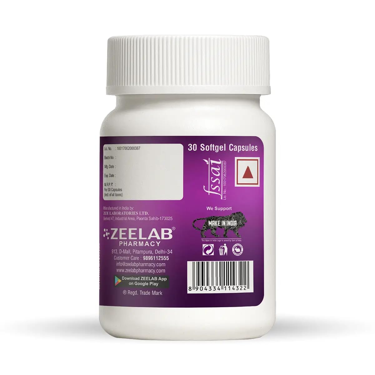 White bottle with purple label featuring Zeelab Pharmacy branding on a white background