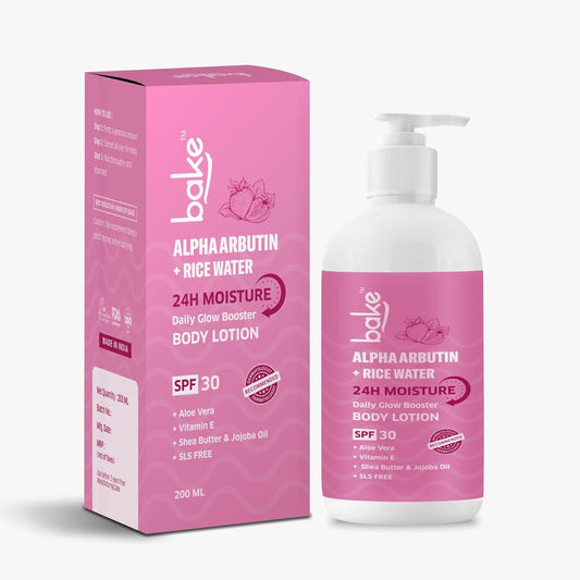 BAKE Alpha Arbutin Rice Water Body Lotion SPF 30 PA+++ for Pigmented & Tanned Skin | For Uneven Skin Tone, Tan Removal & Pigmentation | For Women & Men | 200ml