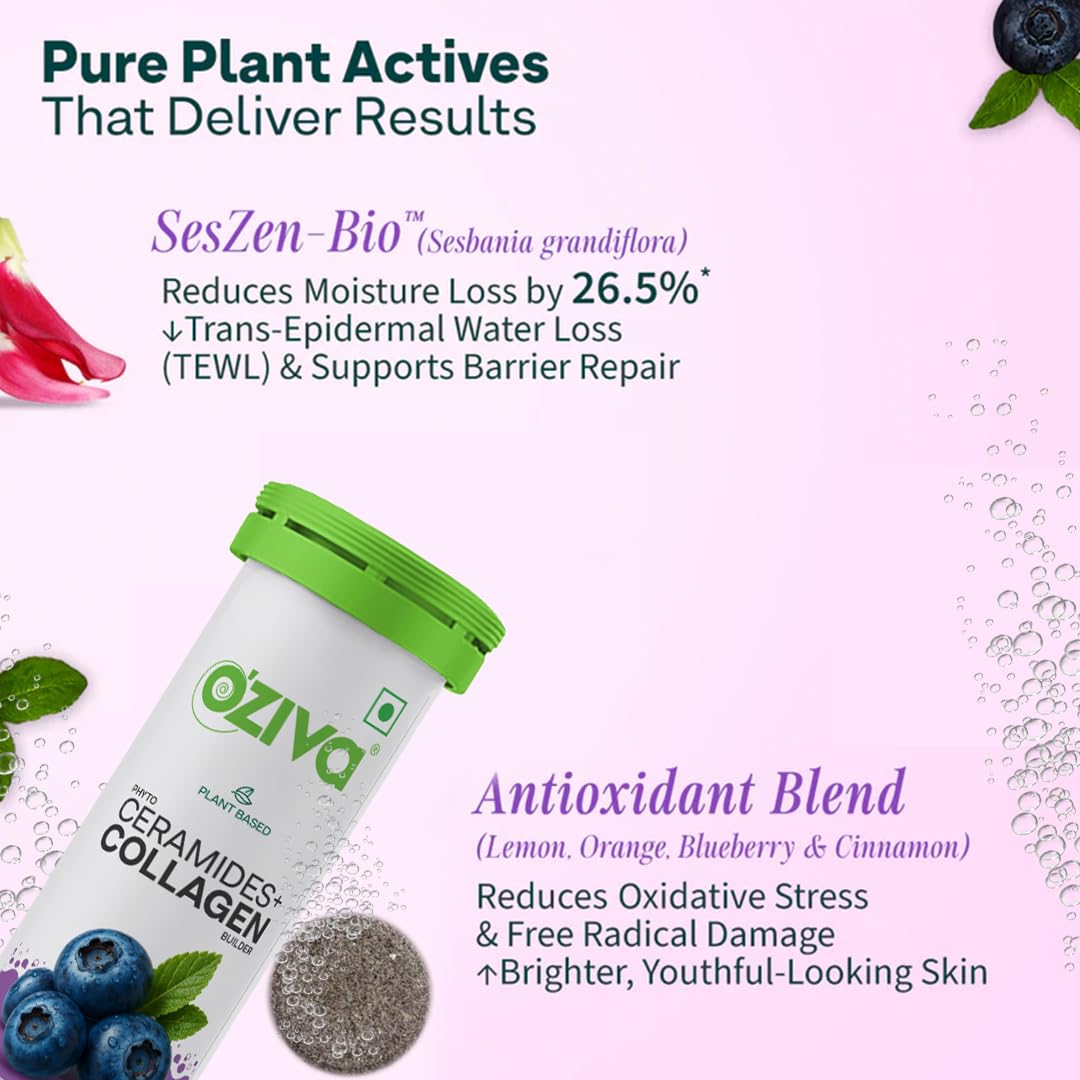 OZiva Phyto Ceramides+ Collagen Builder, Skin Hydration, Blueberry, 15 Tabs