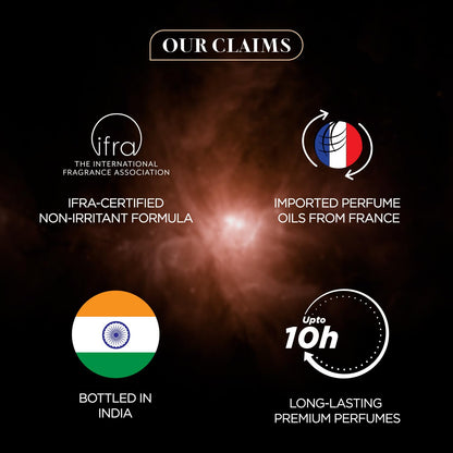 Promotional graphic with perfume brand claims on a dark background