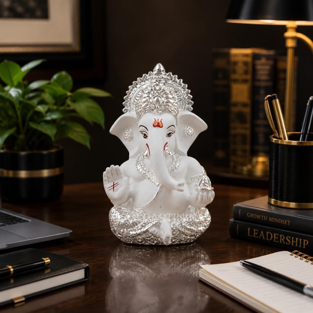 Gold Art India Ganesha Idol 999 Silver Plated White Finish Lord Ganesh Murti for Home Decor, Car Dashboard, Mandir & Office | Premium Ganesh Statue for Diwali, Wedding & Spiritual Gift | 3.5 Inch