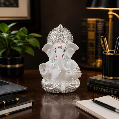 Gold Art India Ganesha Idol 999 Silver Plated White Finish Lord Ganesh Murti for Home Decor, Car Dashboard, Mandir & Office | Premium Ganesh Statue for Diwali, Wedding & Spiritual Gift | 3.5 Inch