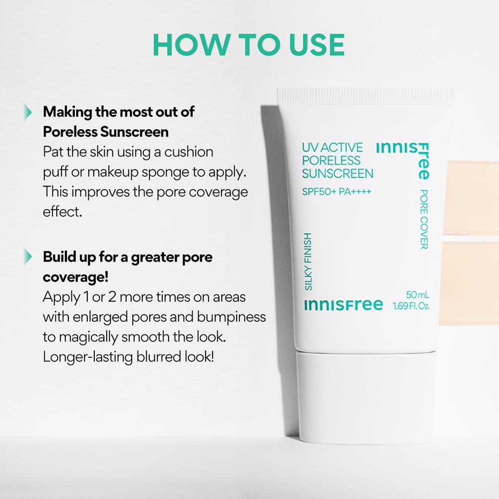 Innisfree UV Active Poreless Sunscreen SPF 50+ / PA++++ 1.7 fl oz, UV Protection, Pore Blurring, Korean Sunscreen