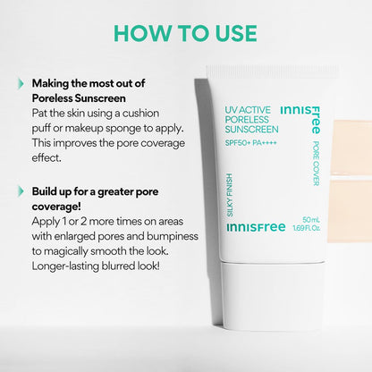 Innisfree UV Active Poreless Sunscreen SPF 50+ / PA++++ 1.7 fl oz, UV Protection, Pore Blurring, Korean Sunscreen