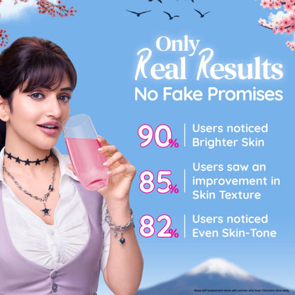 Woman holding a pink bottle with skincare benefits text on a scenic background