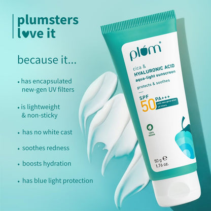 Plum Cica&Hyaluronic Acid Aqua-Light Sunscreen Spf 50 Pa+++|No White Cast,Lightweight,Non-Sticky|Dermat Tested|Protects&Soothes|All Skin Types|Sunscreen For Women&Men|100% Vegan|50 G