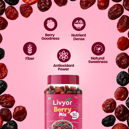 Livyor 5 in 1 Berry Mix for eating - 200g | Good Source of Fibre | Dried Cranberries | Black Raisins | Cherries | Blueberries | Strawberries | Berry Blast | Berries dry fruits | Berries fresh | Pack of 1