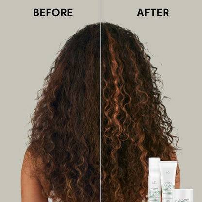 Before and after comparison of curly hair with hair care products displayed.