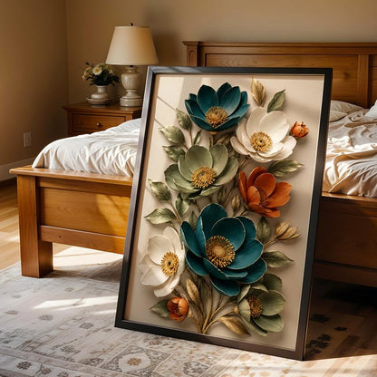Floral Wall Painting with Frame Set of 1 | Premium Textured Teal White Orange Flower Artwork, Luxury Botanical Nature Wall Decor for Living Room, Bedroom, Office and Home Decoration (Art-13,10x13inch)