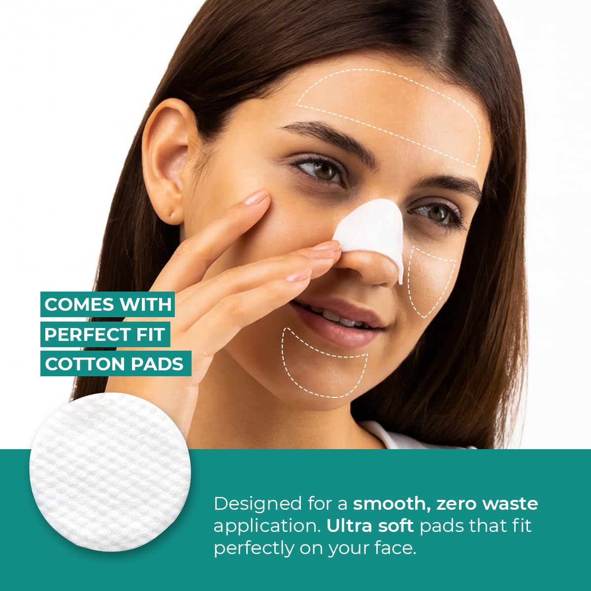 Woman applying a cotton pad to her face with text about perfect fit cotton pads.