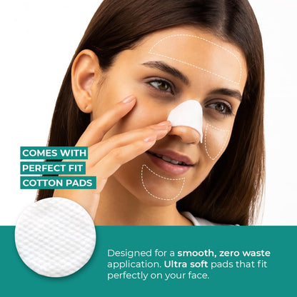 Woman applying a cotton pad to her face with text about perfect fit cotton pads.