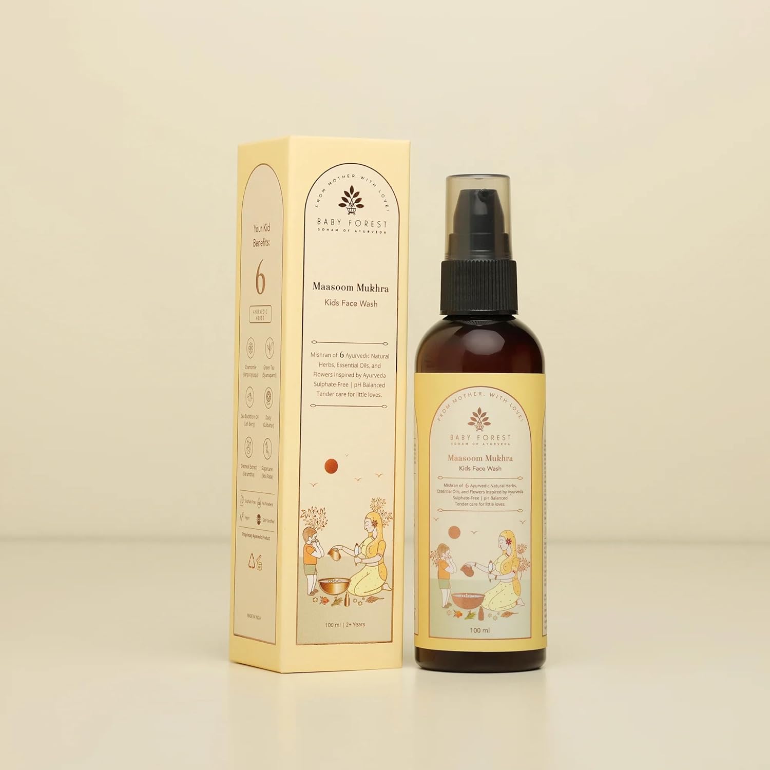 Bottle and packaging of Fae's Forest Manjooom Makhne with illustrations on a beige background