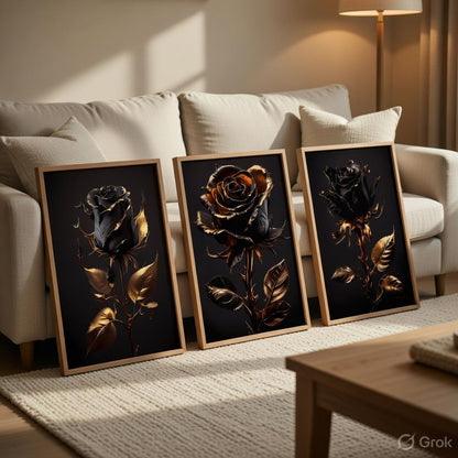 Black Gold Rose Wall Painting Set of 3 with Wooden Frames | Luxury Floral Artwork HD Sparkle Laminated MDF Wall Decor | Elegant Rose Wall Art for Living Room Bedroom Office