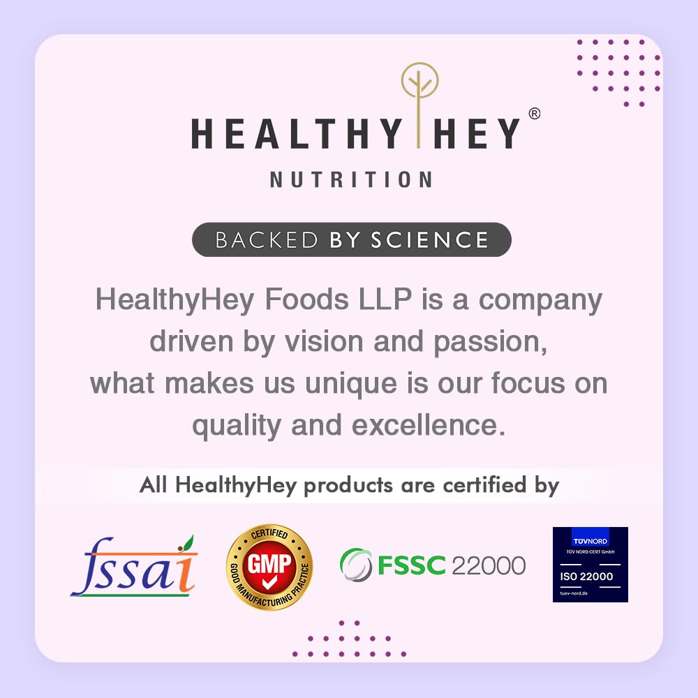 HealthyHey Nutrition advertisement with certification logos on a light purple background