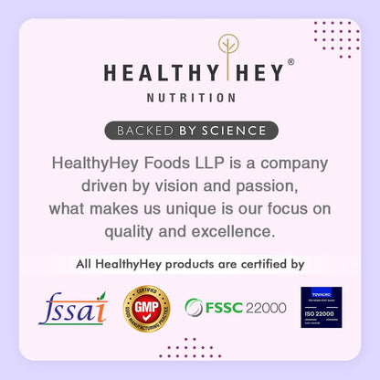 HealthyHey Nutrition advertisement with certification logos on a light purple background