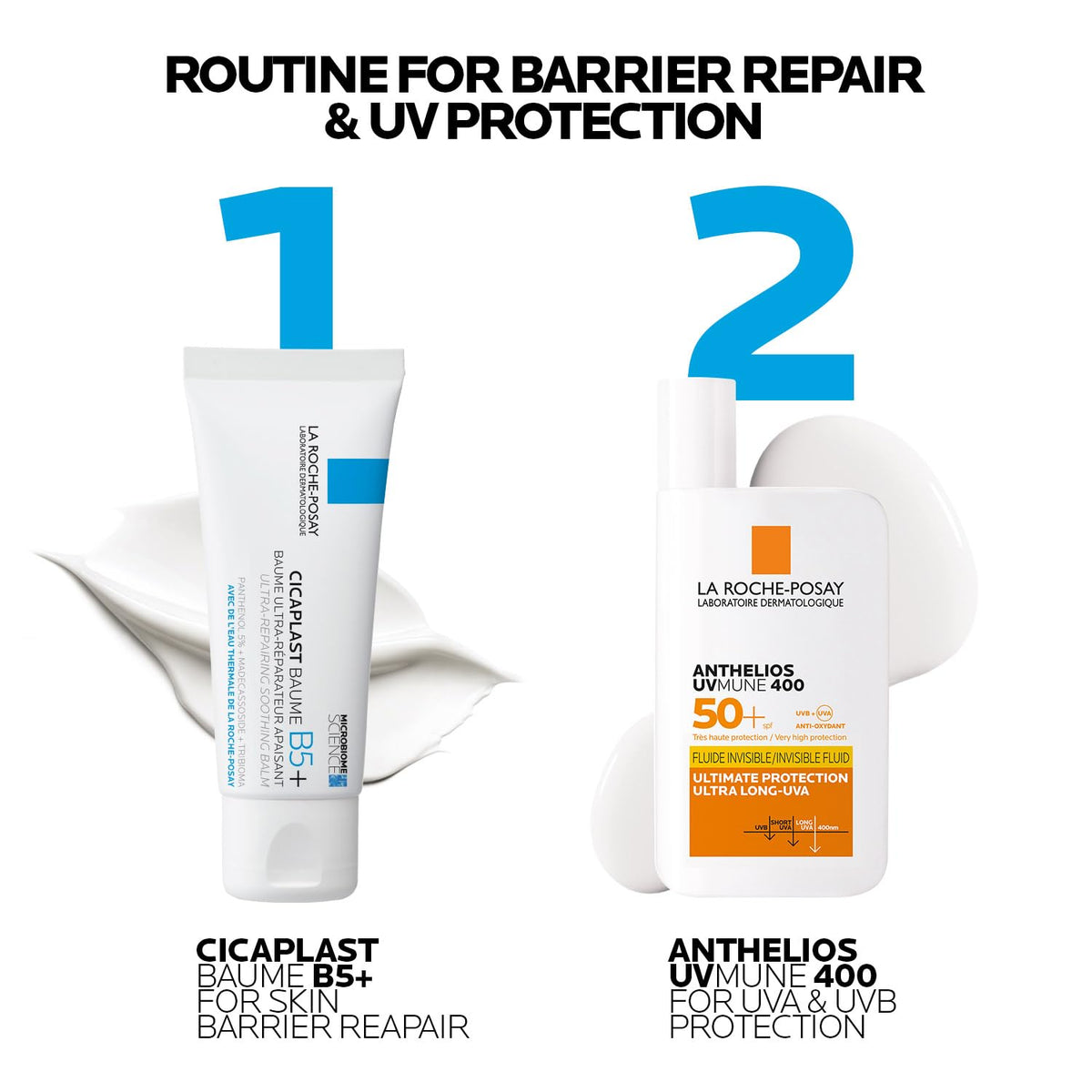 Two La Roche-Posay skincare products with text on a white background