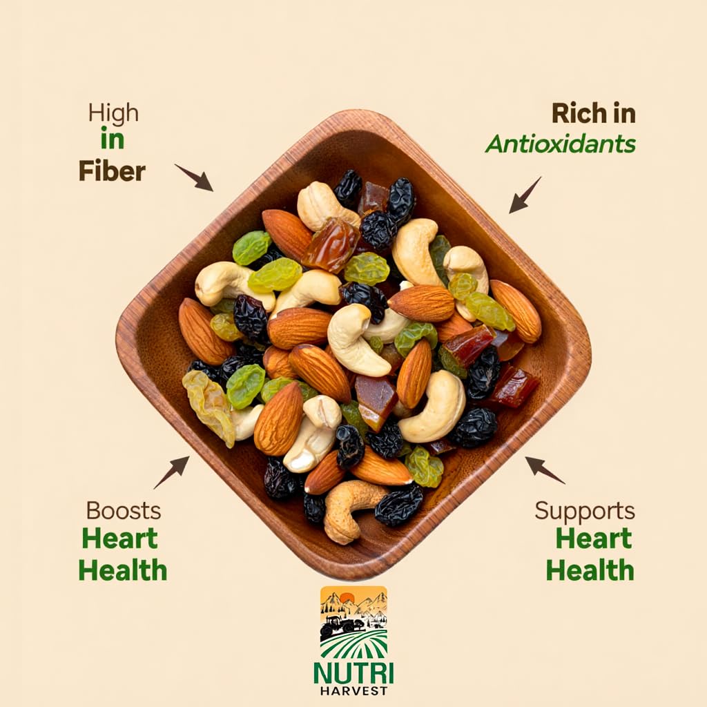 NUTRI HARVEST Premium Dry Fruits Mix pack (Panch Mewa Mix), Natural Blend of Almonds, Cashews,Black and green Raisins and diced Dates| Fit for Fasting 250 gram| (Re-sealable pack for freshness)