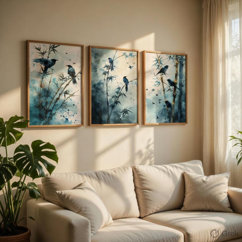 Bamboo Bird Wall Art Set of 3 | Wooden Frame MDF Nature Decor