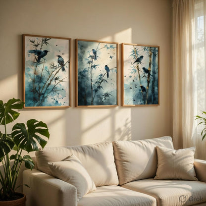 Bamboo Bird Wall Art Set of 3 | Wooden Frame MDF Nature Decor