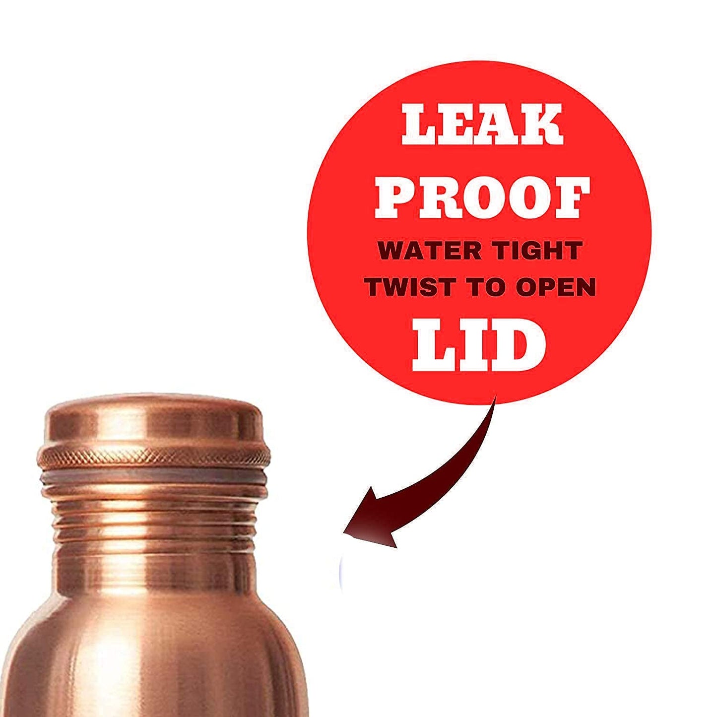 Copper water bottle with a twist lid, featuring a red circle with text on a white background.