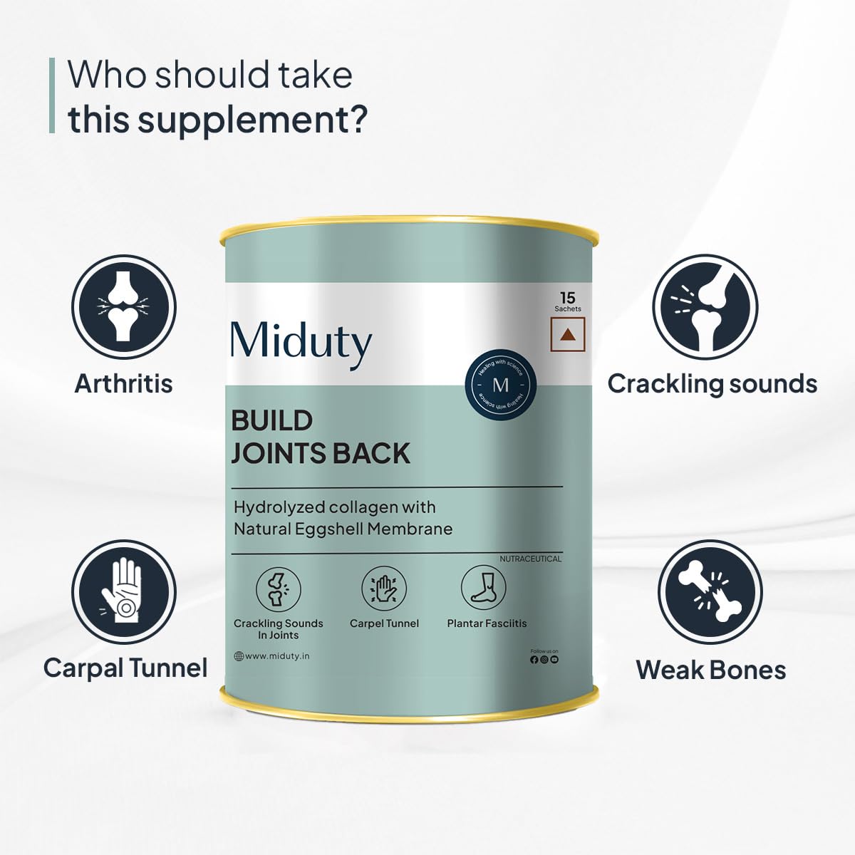 Zephivo Miduty By Palak Notes Build Joints Back For Rheumatoid Arthritis Supplement - Collagen Peptides Natural Egg Membrane, Boswellia and Glucosamine - Joint Pain Relief Supplement - 15 Sachets