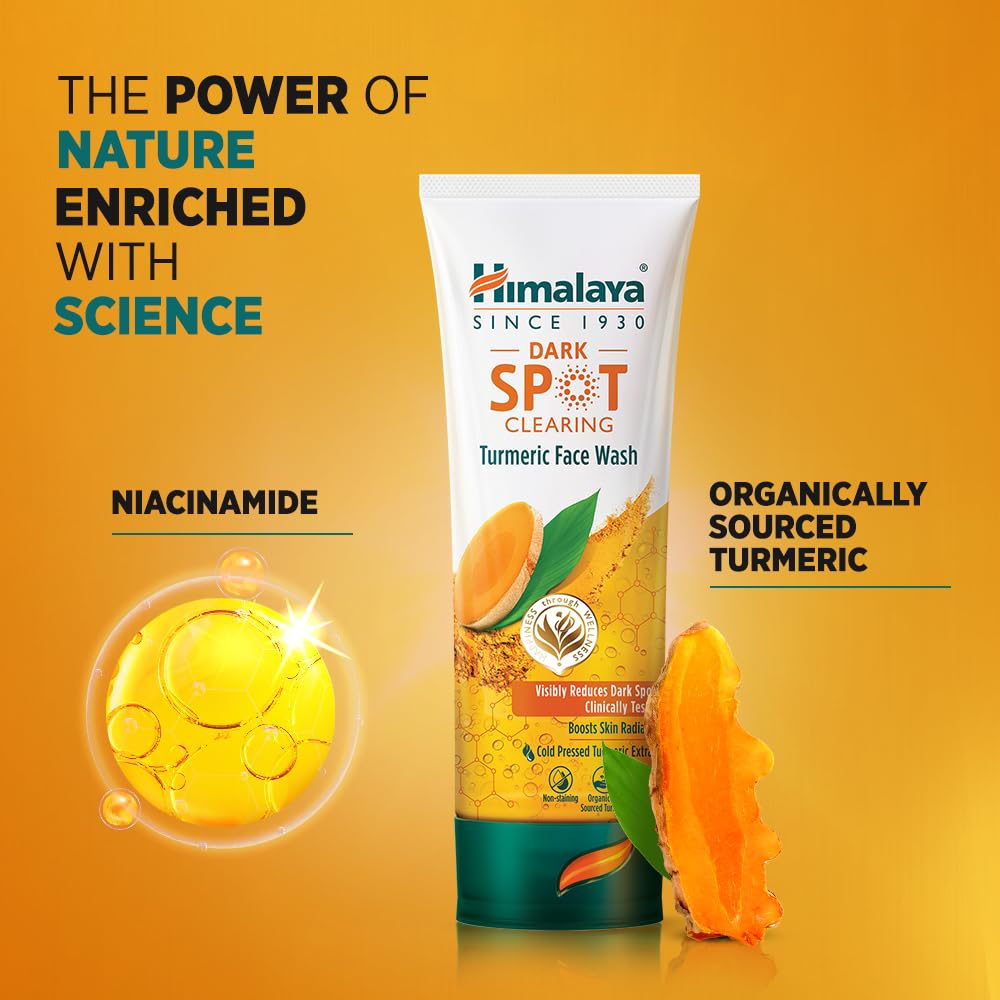 Himalaya Dark Spot Clearing Turmeric Face Wash with ingredients and benefits on a yellow background