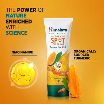 Himalaya Dark Spot Clearing Turmeric Face Wash with ingredients and benefits on a yellow background