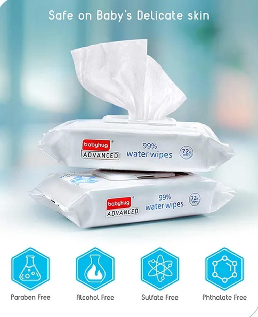 Babyhug Advanced 99% Water Unscented Baby Wipes 72 Pieces, 100% Plant Based Fabric, Biodegradable, Fragrance Free, Hypoallergenic