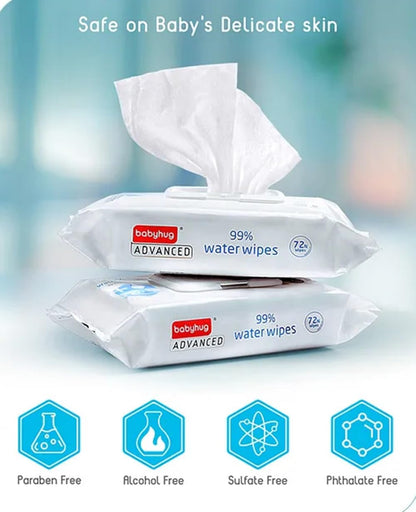 Babyhug Advanced 99% Water Unscented Baby Wipes 72 Pieces, 100% Plant Based Fabric, Biodegradable, Fragrance Free, Hypoallergenic