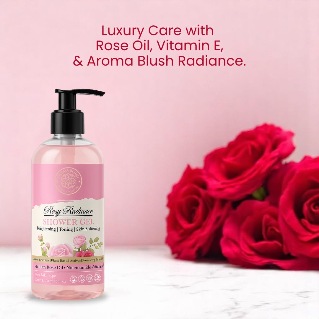 Bottle of shower gel with red roses on a pink background