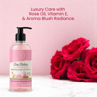Bottle of shower gel with red roses on a pink background