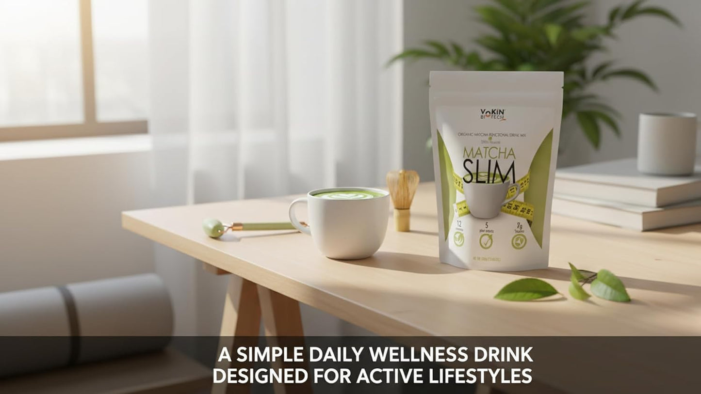Matcha Slim package on a table with a cup and green leaves, in a bright room.