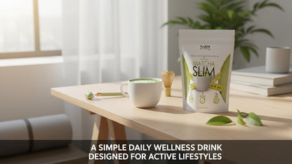 Matcha Slim package on a table with a cup and green leaves, in a bright room.