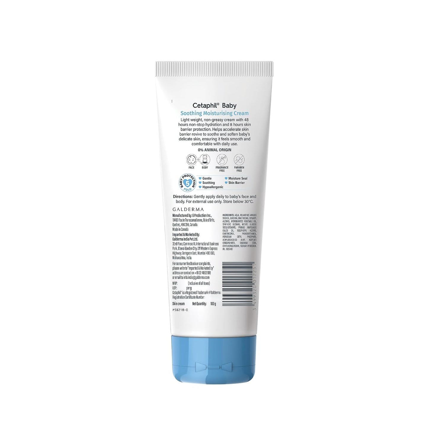 Cetaphil Baby Soothing Moisturising Cream 100 g for Newborns & Babies | 48H Hydration & 8H Skin Barrier Protection | With Glycerin, Sunflower Seed Oil & Sweet Almond Oil | Gentle Face & Body Moisturiser