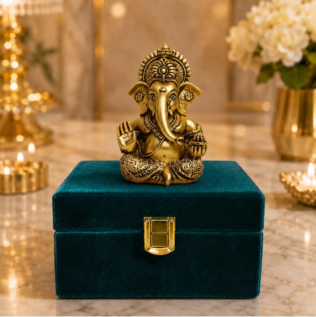 Gold Art India Lord Ganesha 24K Gold Plated Idol | Antique Matte Finish | Premium Peacock Green Velvet Gift Box | Ganesh Murti for Home Temple, Office Desk & Car Dashboard | Luxury Spiritual Gift